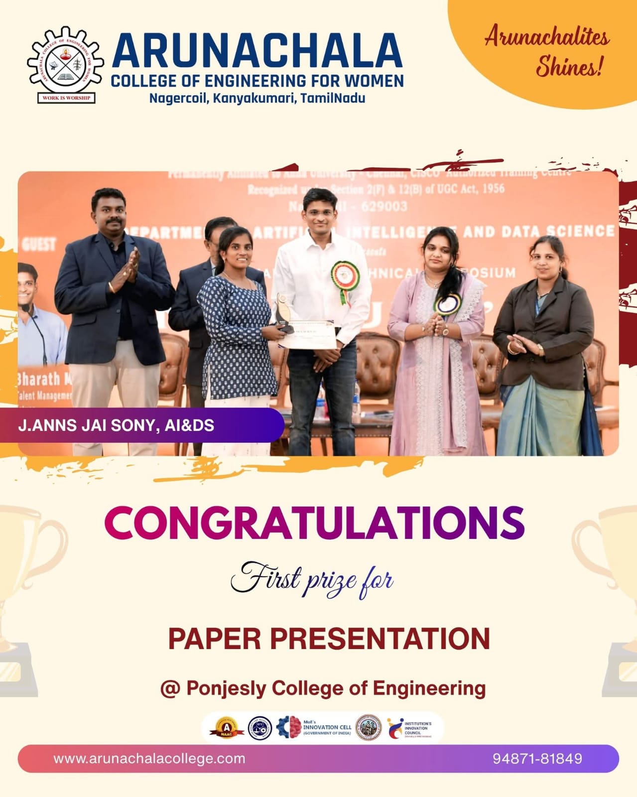 First Prize for Paper Presentation At Ponjesly College